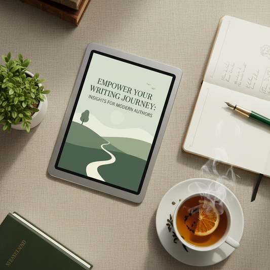 Empower Your Writing Journey – digital guide mockup flat lay on beige desk