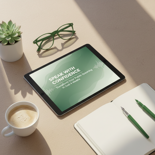 Speak With Confidence – public speaking digital guide mockup flat lay on beige desk
