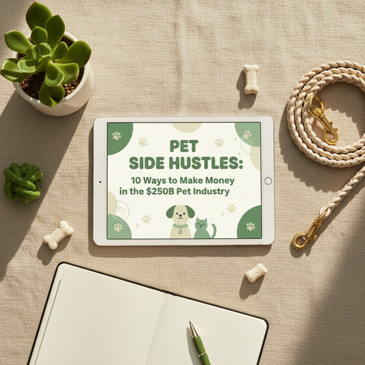 Pet Side Hustles – digital guide mockup flat lay on beige desk
